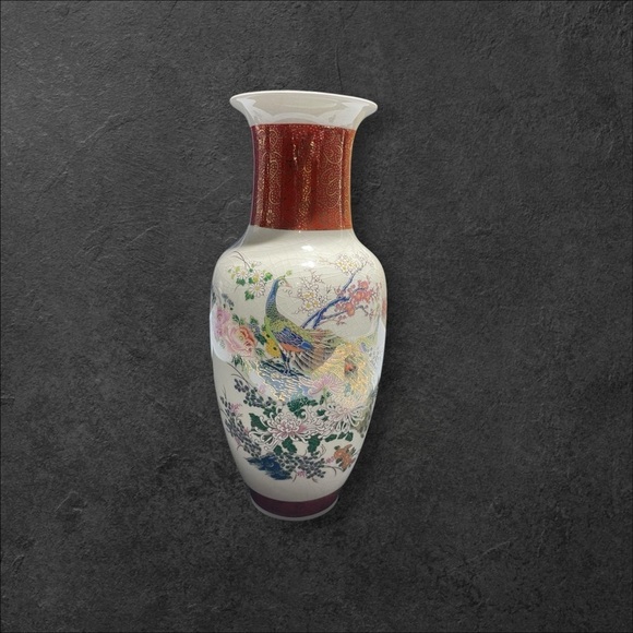 Vintage Japan Satsuma Floral Peacock 10 1/2” Vase Crackle Pattern - Picture 2 of 13